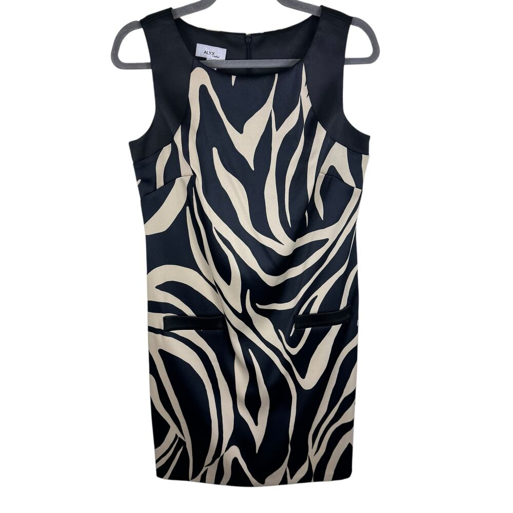 Alyx Limited Black Tan Zebra Print Satin Sleeveless Round Neck Sheath Dress Sz 6